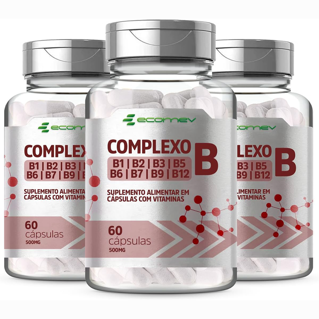 3 Potes de Complexo B Forma Ativa Com Vitaminas Concentrado 500mg 180Cáps Kit 6 Meses – Ecomev